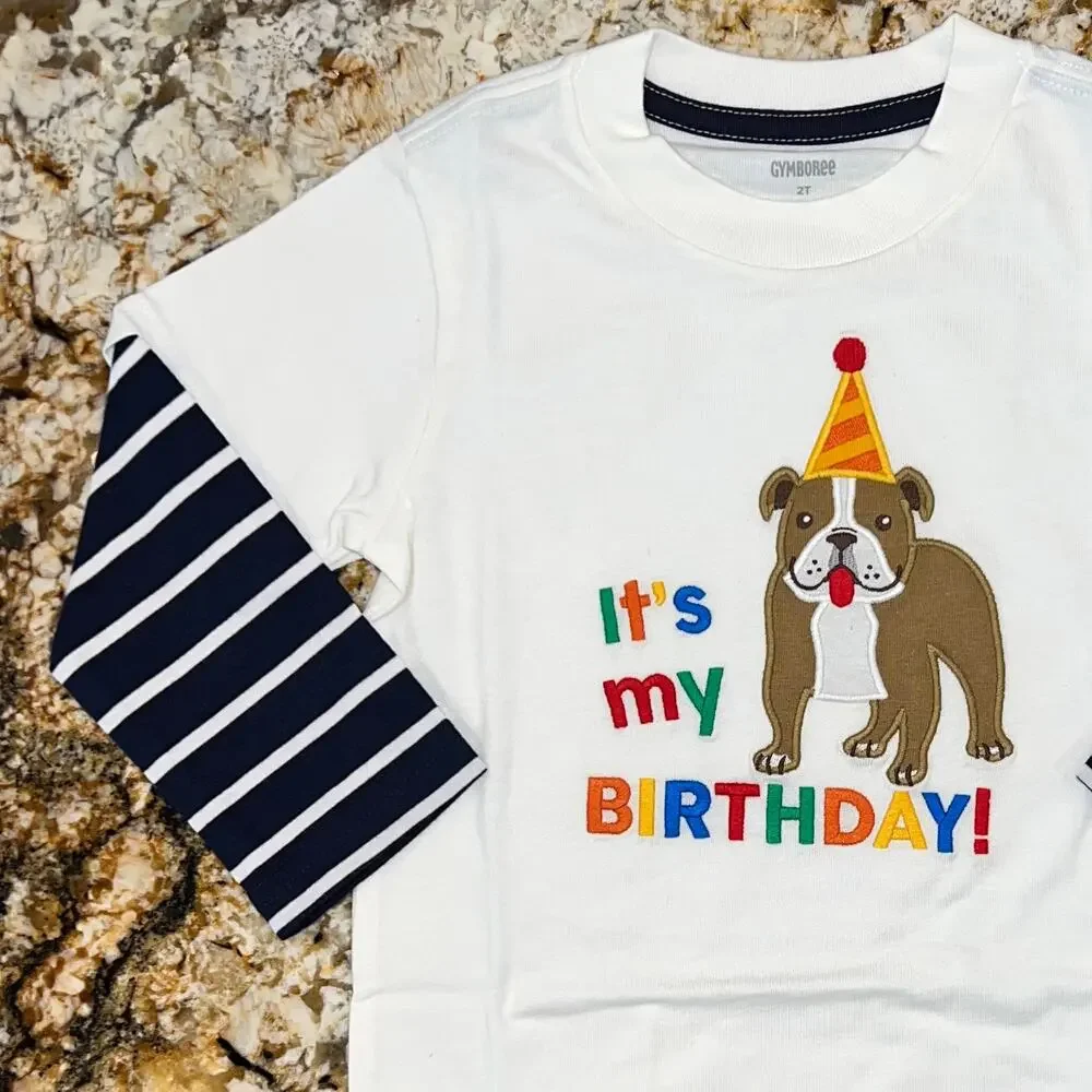 NWT Gymboree Boys Ivory and Navy Striped Embroidered Dog Birthday Shirt